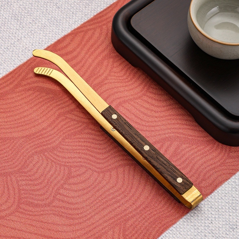 Set de ceai din oțel inoxidabil cu finisaj titan-auriu și accente din lemn de abanos; accesorii Kung Fu pentru ceai, instrument de întreținere a ceainicului, clește pentru ceai, clips anti-arzire