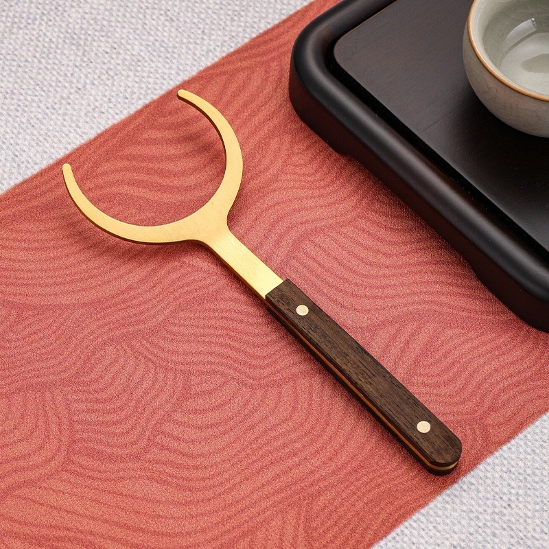 Set de ceai din oțel inoxidabil cu finisaj titan-auriu și accente din lemn de abanos; accesorii Kung Fu pentru ceai, instrument de întreținere a ceainicului, clește pentru ceai, clips anti-arzire