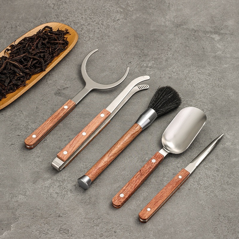 Set de ceai din oțel inoxidabil cu finisaj titan-auriu și accente din lemn de abanos; accesorii Kung Fu pentru ceai, instrument de întreținere a ceainicului, clește pentru ceai, clips anti-arzire