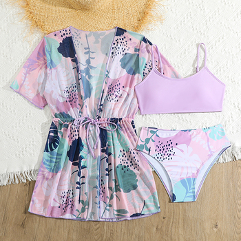 Dječji trodijelni kupaći set s otiskom, cover-up top i bikini, brzo se suši, zaštita od sunca