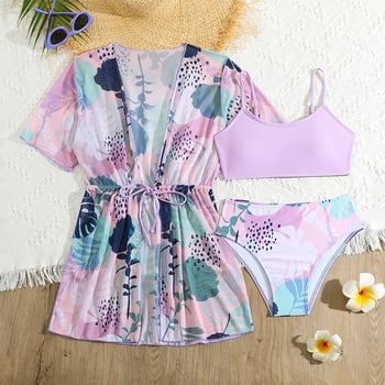 Dječji trodijelni kupaći set s otiskom, cover-up top i bikini, brzo se suši, zaštita od sunca