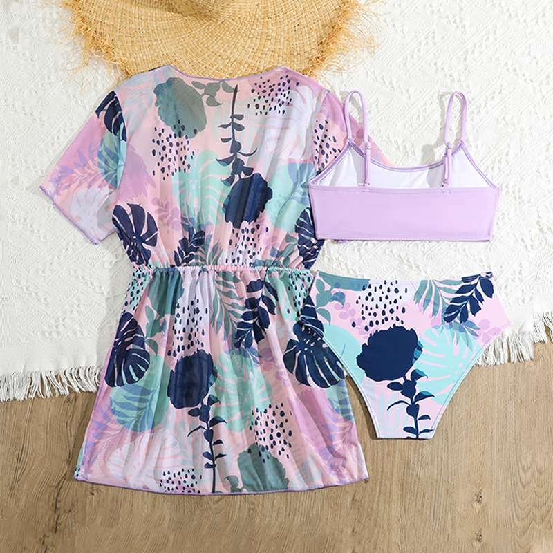Dječji trodijelni kupaći set s otiskom, cover-up top i bikini, brzo se suši, zaštita od sunca