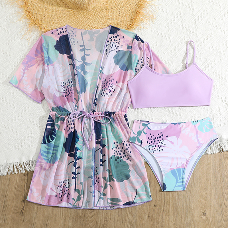 Dječji trodijelni kupaći set s otiskom, cover-up top i bikini, brzo se suši, zaštita od sunca