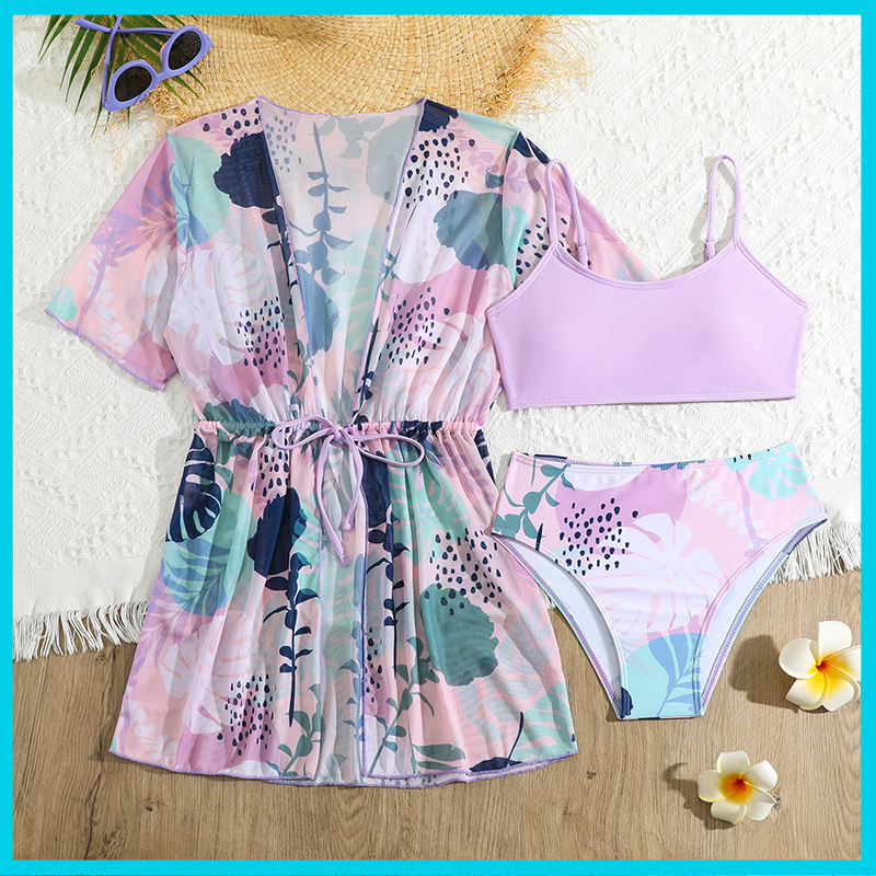 Dječji trodijelni kupaći set s otiskom, cover-up top i bikini, brzo se suši, zaštita od sunca