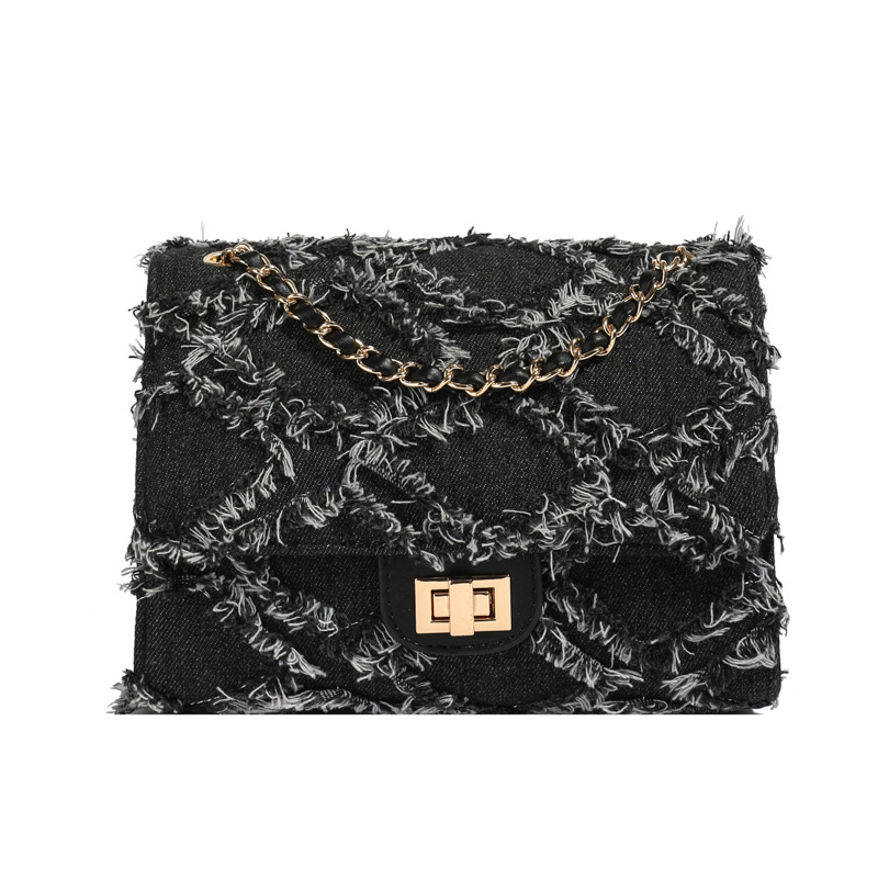 Ženska Chanel-stilna torbica preko ramena, denim, dijamantno šivanje, kopča s lancem, mala četvrtasta torbica, model jesen 2024