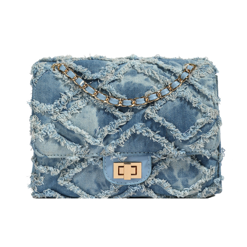 Ženska Chanel-stilna torbica preko ramena, denim, dijamantno šivanje, kopča s lancem, mala četvrtasta torbica, model jesen 2024