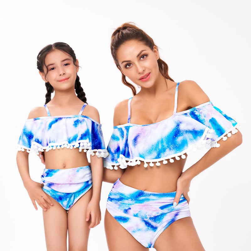 Roditeljsko-dijete dvodijelni bikini, visokim strukom, resicama i volanima za djevojčice (veličine L, M, S)