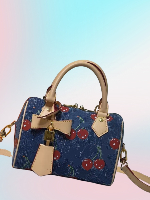 Boston torba s motivom trešnje, ručna drška, slatki korejski stil mode, crossbody kaiš, PU koža, srednja veličina, ljeto 2025