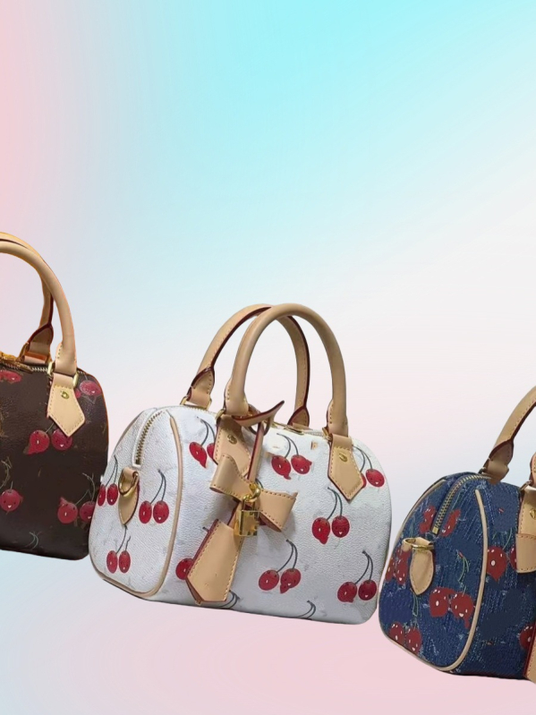 Boston torba s motivom trešnje, ručna drška, slatki korejski stil mode, crossbody kaiš, PU koža, srednja veličina, ljeto 2025