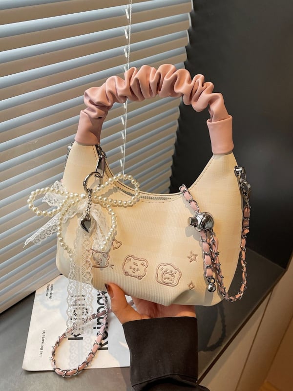 Ženska mini torbica s plisiranjem i mašnicom u karirnom uzorku, crossbody torba s teksturiranim lancem