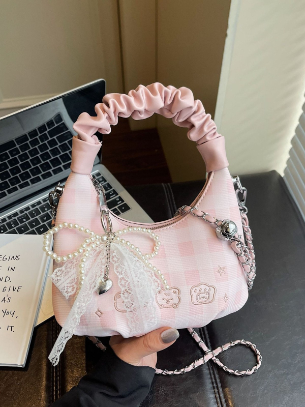 Ženska mini torbica s plisiranjem i mašnicom u karirnom uzorku, crossbody torba s teksturiranim lancem