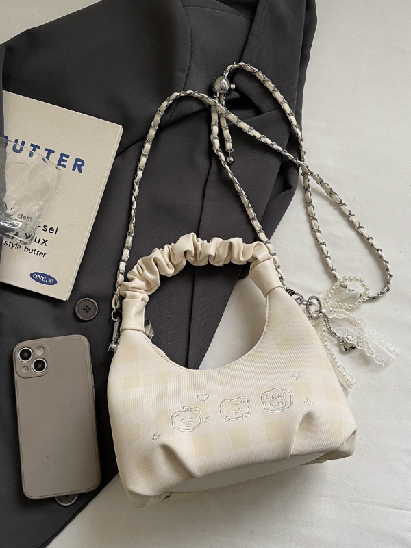 Ženska mini torbica s plisiranjem i mašnicom u karirnom uzorku, crossbody torba s teksturiranim lancem