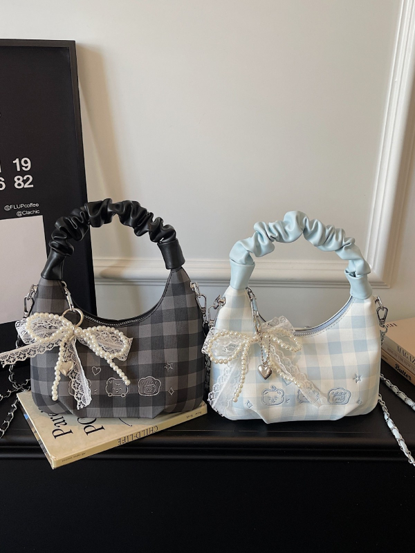 Ženska mini torbica s plisiranjem i mašnicom u karirnom uzorku, crossbody torba s teksturiranim lancem