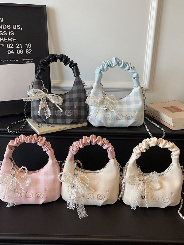Ženska mini torbica s plisiranjem i mašnicom u karirnom uzorku, crossbody torba s teksturiranim lancem