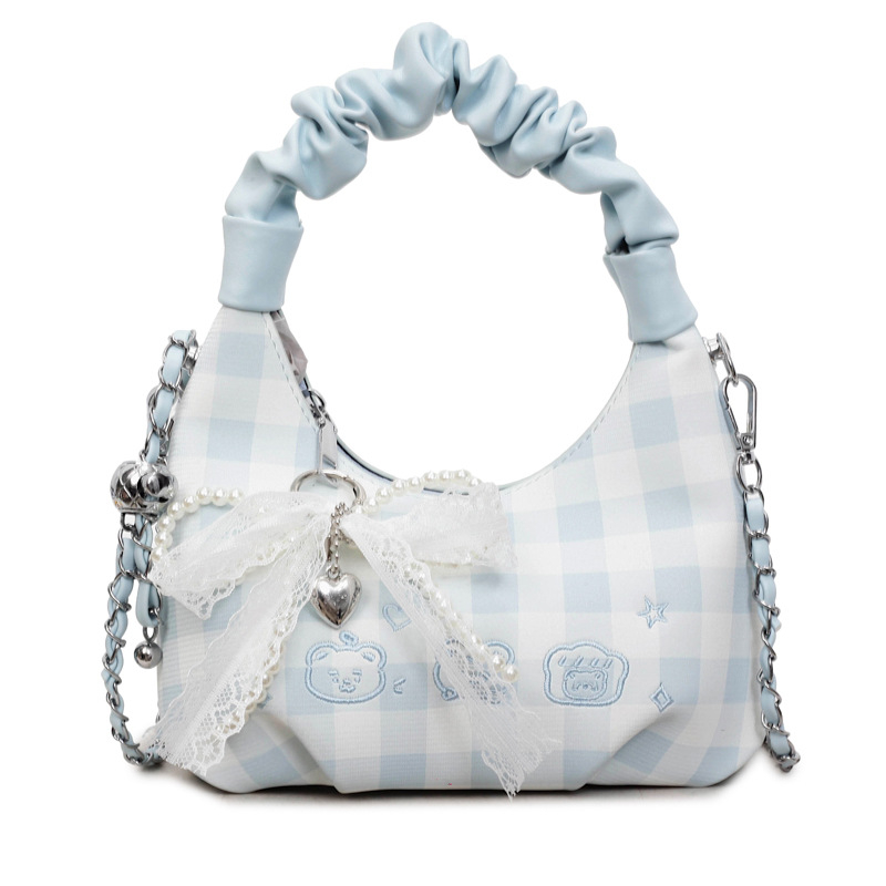 Ženska mini torbica s plisiranjem i mašnicom u karirnom uzorku, crossbody torba s teksturiranim lancem