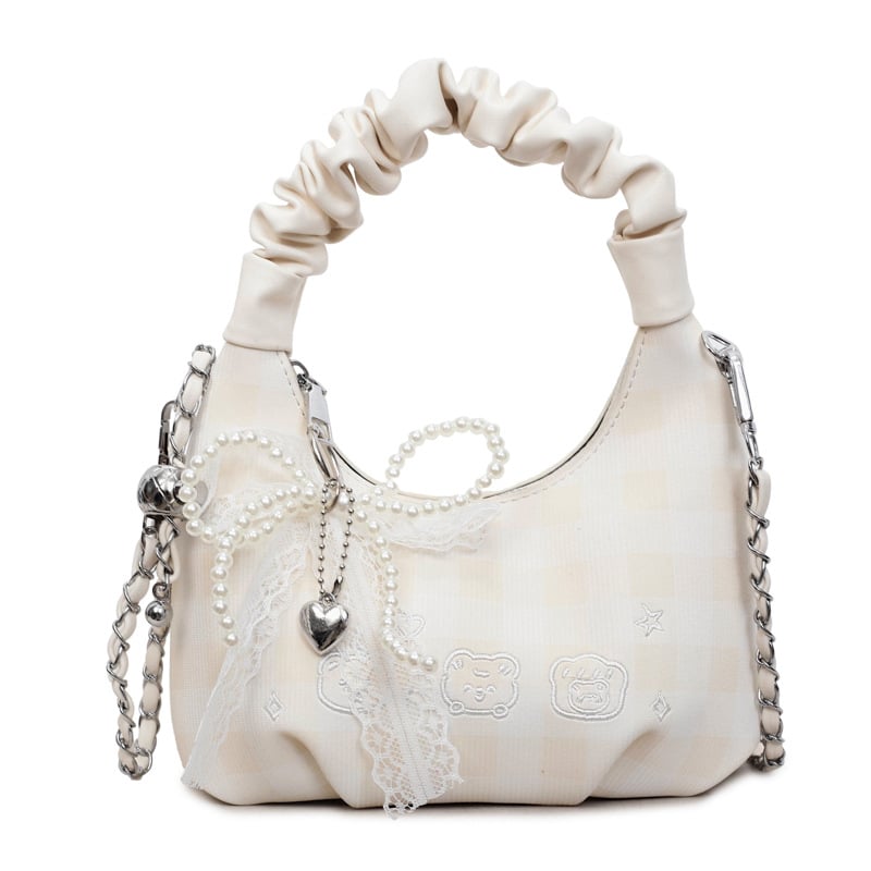 Ženska mini torbica s plisiranjem i mašnicom u karirnom uzorku, crossbody torba s teksturiranim lancem