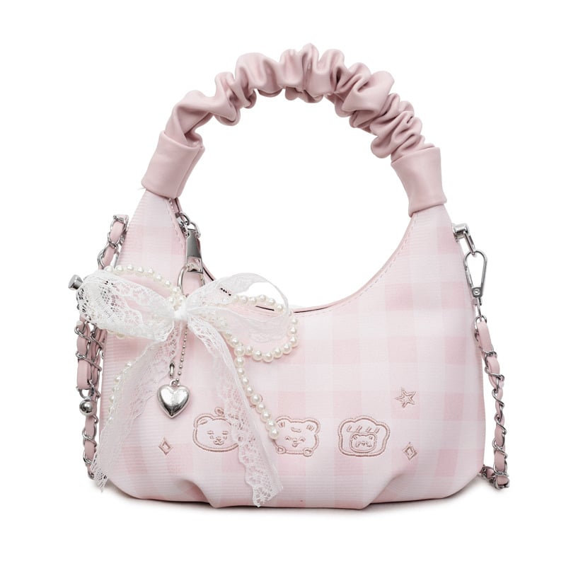 Ženska mini torbica s plisiranjem i mašnicom u karirnom uzorku, crossbody torba s teksturiranim lancem
