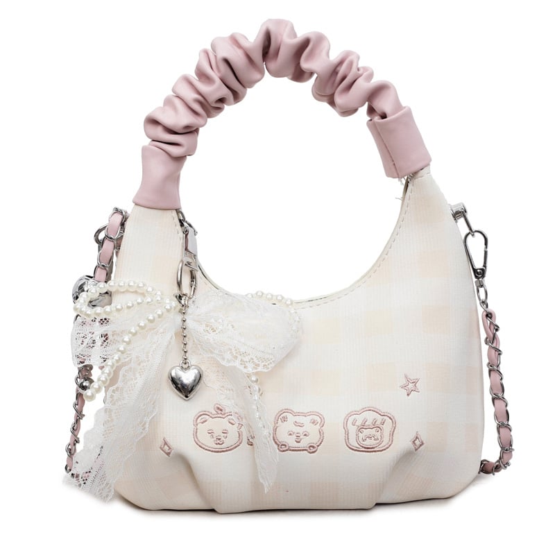 Ženska mini torbica s plisiranjem i mašnicom u karirnom uzorku, crossbody torba s teksturiranim lancem