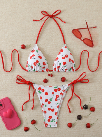 Új stílusú női két részes bikini pöttyös mintával, nyakpántos, hátkötős, hátul nyitott