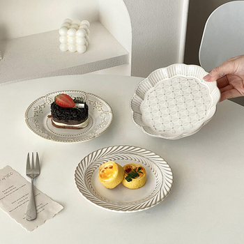 Farfurie ceramică franțuzească retro pentru uz casnic, cu design în relief; farfurie rotundă pentru deserturi și prăjituri, platou pentru gustări