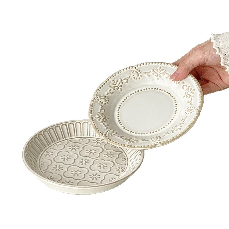 Farfurie ceramică franțuzească retro pentru uz casnic, cu design în relief; farfurie rotundă pentru deserturi și prăjituri, platou pentru gustări