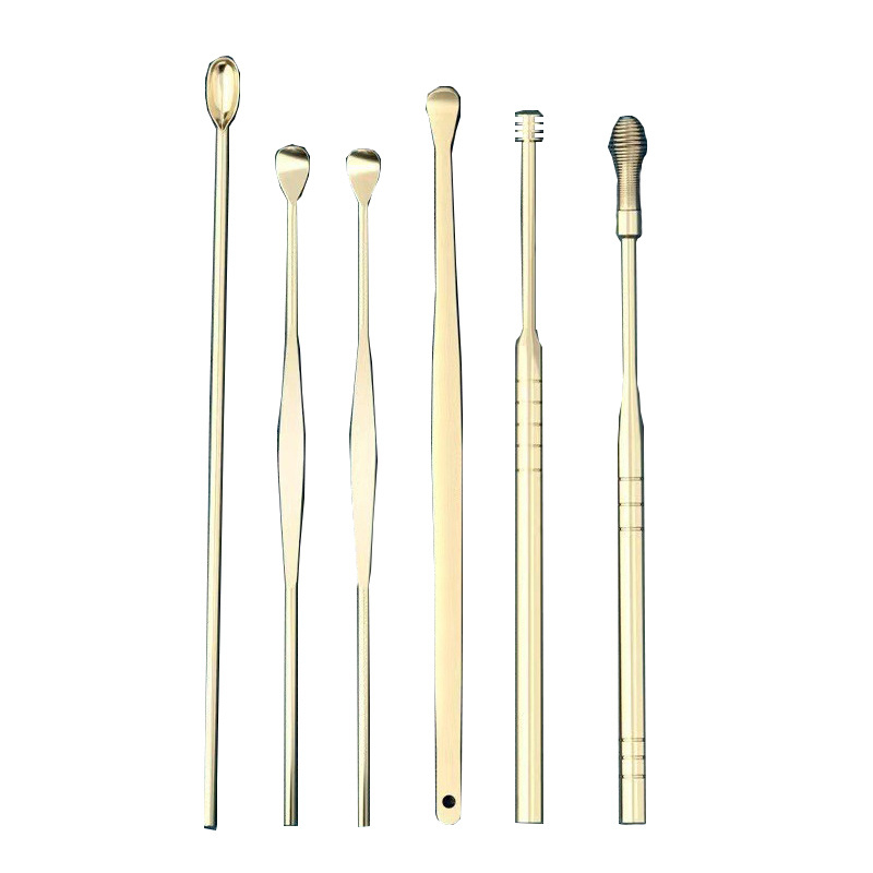 Set de șase linguri de urechi din oțel inoxidabil, culoare aurie, pentru curățarea urechilor acasă, unelte portabile
