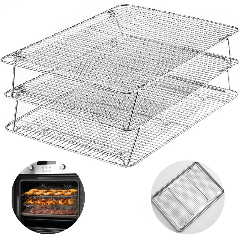 Grilă de răcire din oțel inoxidabil, trei niveluri, pliabilă pentru coacere și uscare, drenaj de ulei, dimensiuni 41,9 × 30,48 cm