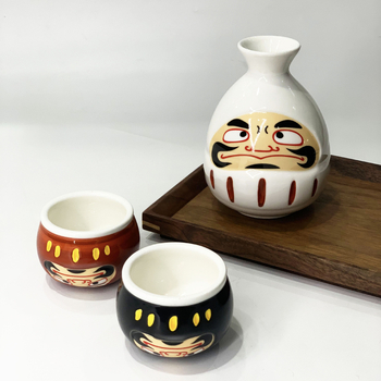 Cană de sake în stil japonez cu Daruma pictat manual, set cu un vas și două căni pentru Shochu, serviciu ceramic retro pentru vin într-o cutie cadou