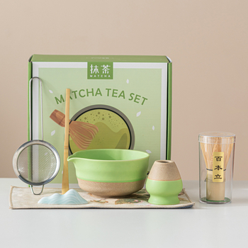 Vas ceramic pentru matcha, culoare macarons, set japonez de ceai pentru matcha cu tel de amestec și perie pentru matcha, set de cinci până la șapte piese