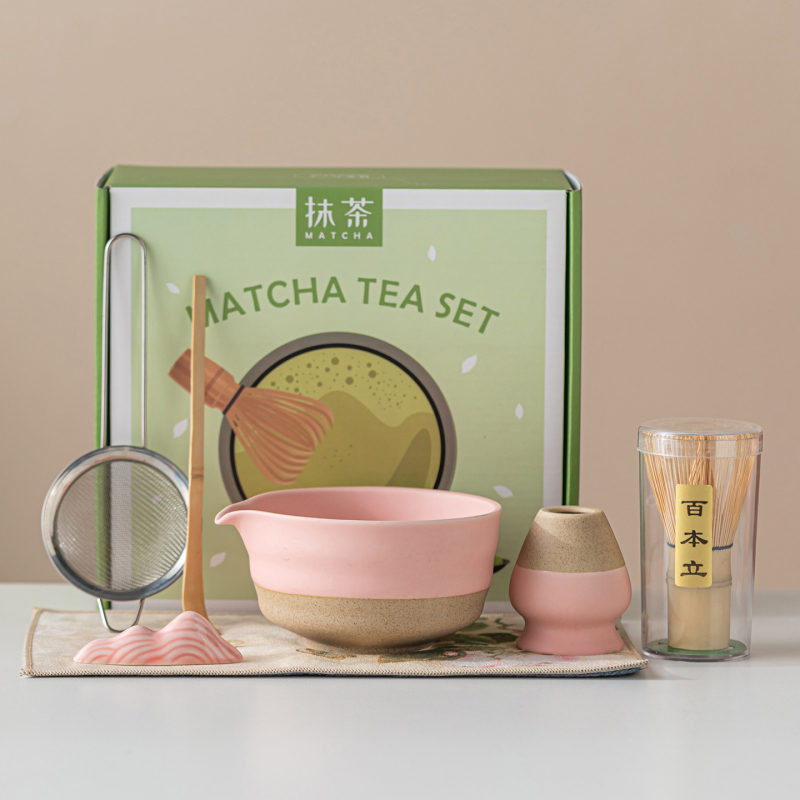 Vas ceramic pentru matcha, culoare macarons, set japonez de ceai pentru matcha cu tel de amestec și perie pentru matcha, set de cinci până la șapte piese