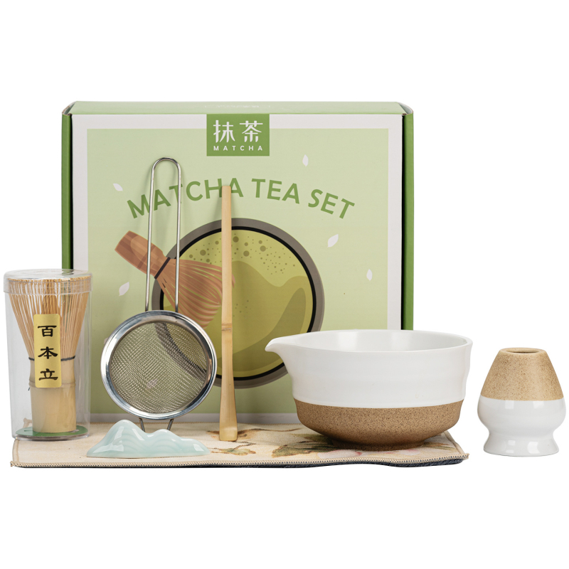 Vas ceramic pentru matcha, culoare macarons, set japonez de ceai pentru matcha cu tel de amestec și perie pentru matcha, set de cinci până la șapte piese