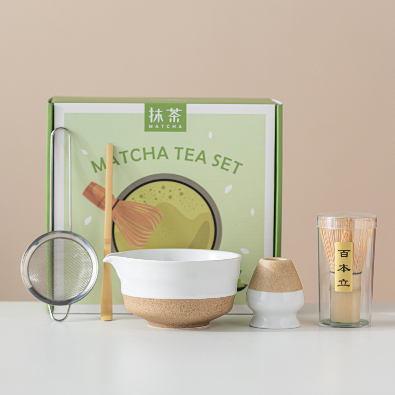 Vas ceramic pentru matcha, culoare macarons, set japonez de ceai pentru matcha cu tel de amestec și perie pentru matcha, set de cinci până la șapte piese
