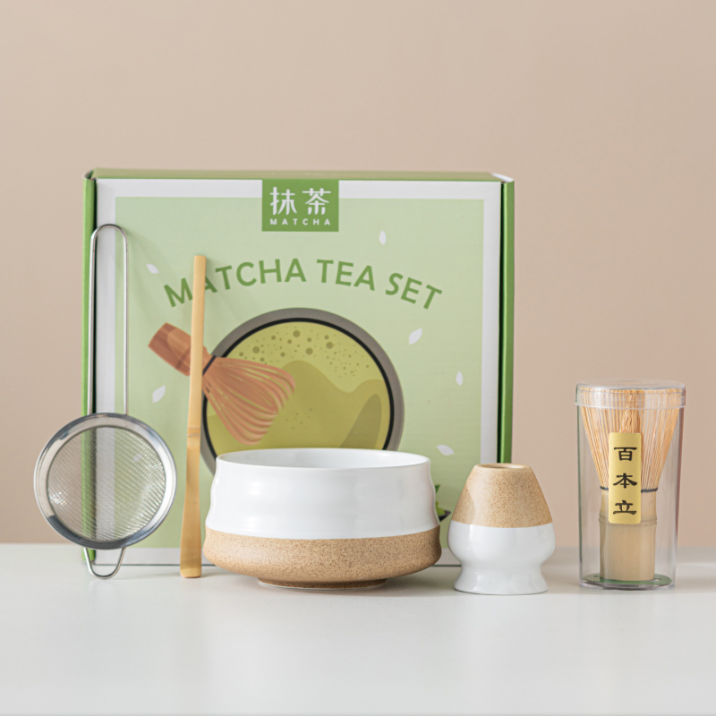 Vas ceramic pentru matcha, culoare macarons, set japonez de ceai pentru matcha cu tel de amestec și perie pentru matcha, set de cinci până la șapte piese