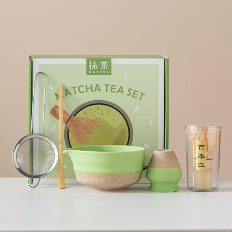 Vas ceramic pentru matcha, culoare macarons, set japonez de ceai pentru matcha cu tel de amestec și perie pentru matcha, set de cinci până la șapte piese