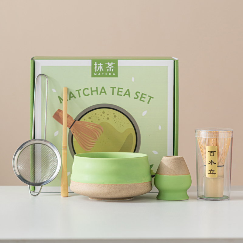 Vas ceramic pentru matcha, culoare macarons, set japonez de ceai pentru matcha cu tel de amestec și perie pentru matcha, set de cinci până la șapte piese