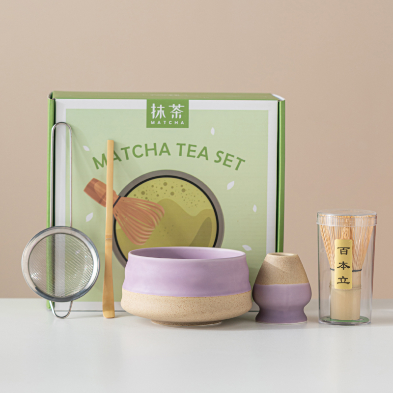 Vas ceramic pentru matcha, culoare macarons, set japonez de ceai pentru matcha cu tel de amestec și perie pentru matcha, set de cinci până la șapte piese