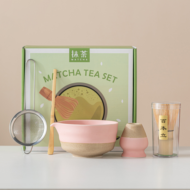 Vas ceramic pentru matcha, culoare macarons, set japonez de ceai pentru matcha cu tel de amestec și perie pentru matcha, set de cinci până la șapte piese