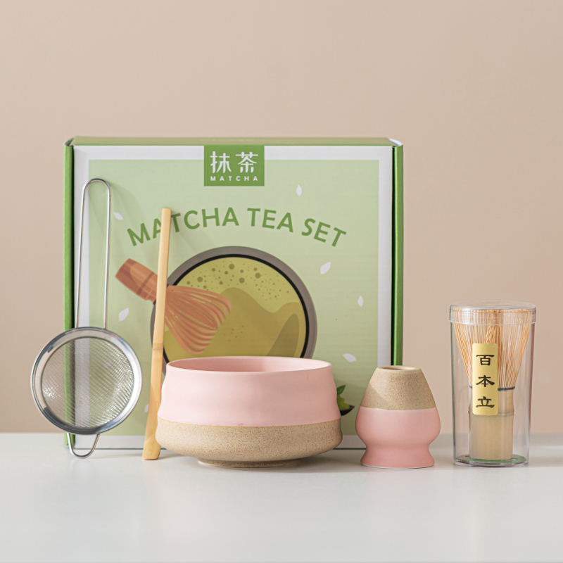 Vas ceramic pentru matcha, culoare macarons, set japonez de ceai pentru matcha cu tel de amestec și perie pentru matcha, set de cinci până la șapte piese