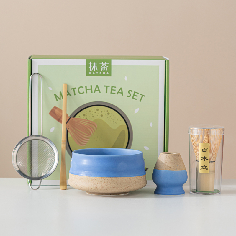 Vas ceramic pentru matcha, culoare macarons, set japonez de ceai pentru matcha cu tel de amestec și perie pentru matcha, set de cinci până la șapte piese