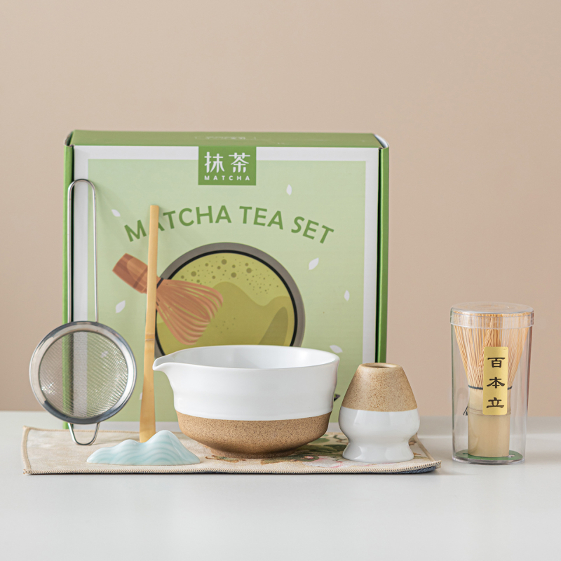 Vas ceramic pentru matcha, culoare macarons, set japonez de ceai pentru matcha cu tel de amestec și perie pentru matcha, set de cinci până la șapte piese