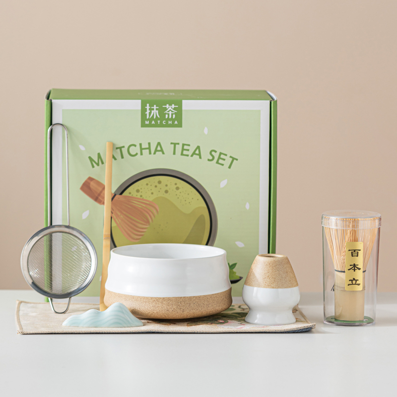Vas ceramic pentru matcha, culoare macarons, set japonez de ceai pentru matcha cu tel de amestec și perie pentru matcha, set de cinci până la șapte piese