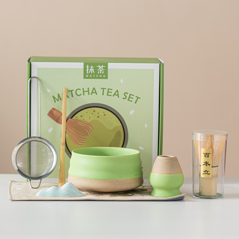 Vas ceramic pentru matcha, culoare macarons, set japonez de ceai pentru matcha cu tel de amestec și perie pentru matcha, set de cinci până la șapte piese