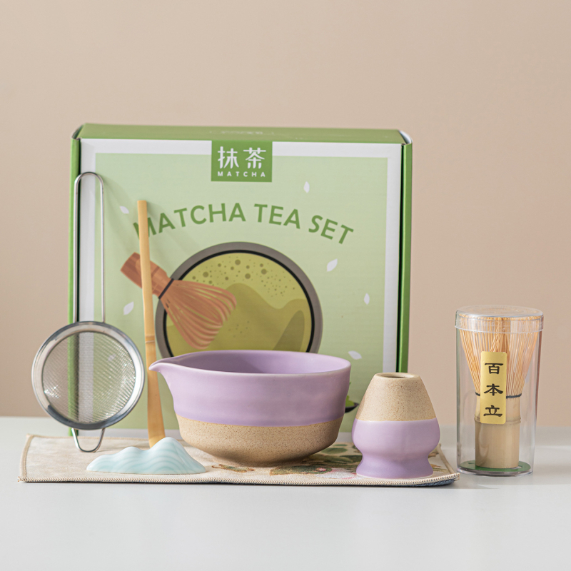 Vas ceramic pentru matcha, culoare macarons, set japonez de ceai pentru matcha cu tel de amestec și perie pentru matcha, set de cinci până la șapte piese