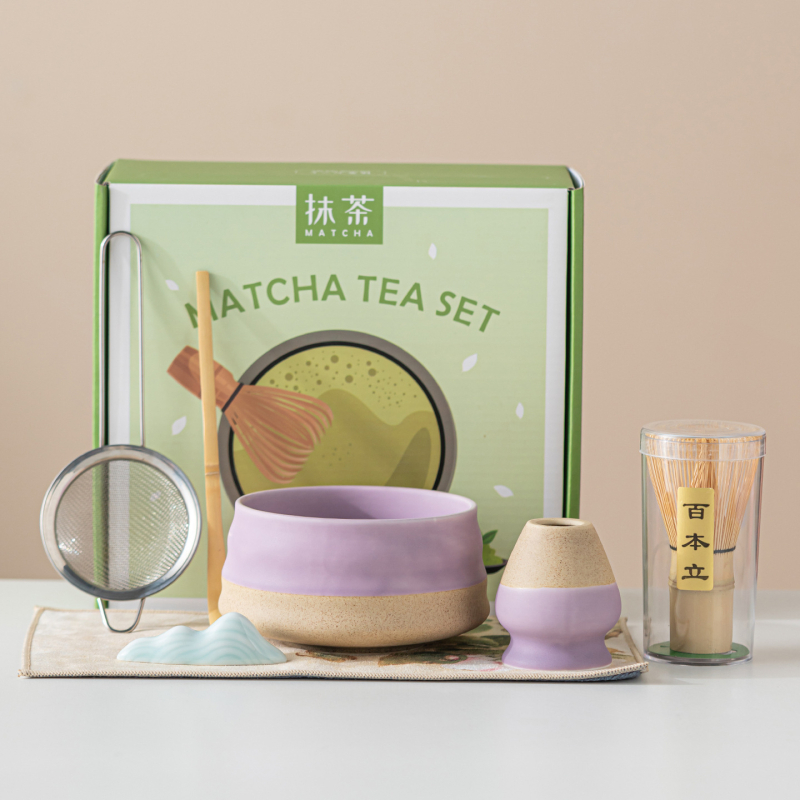 Vas ceramic pentru matcha, culoare macarons, set japonez de ceai pentru matcha cu tel de amestec și perie pentru matcha, set de cinci până la șapte piese