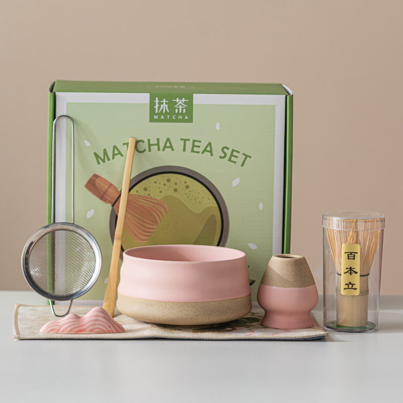 Vas ceramic pentru matcha, culoare macarons, set japonez de ceai pentru matcha cu tel de amestec și perie pentru matcha, set de cinci până la șapte piese