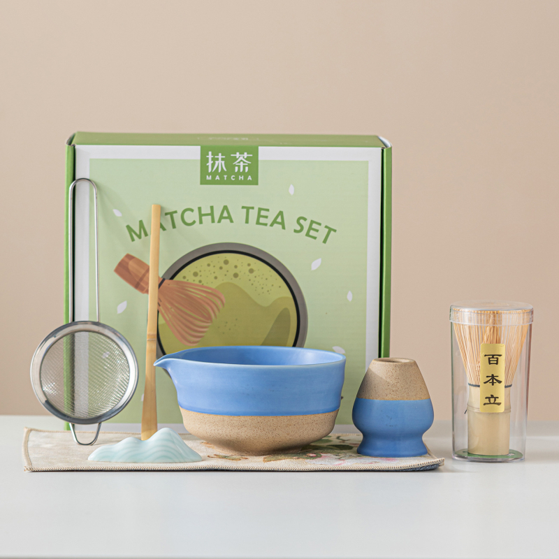 Vas ceramic pentru matcha, culoare macarons, set japonez de ceai pentru matcha cu tel de amestec și perie pentru matcha, set de cinci până la șapte piese