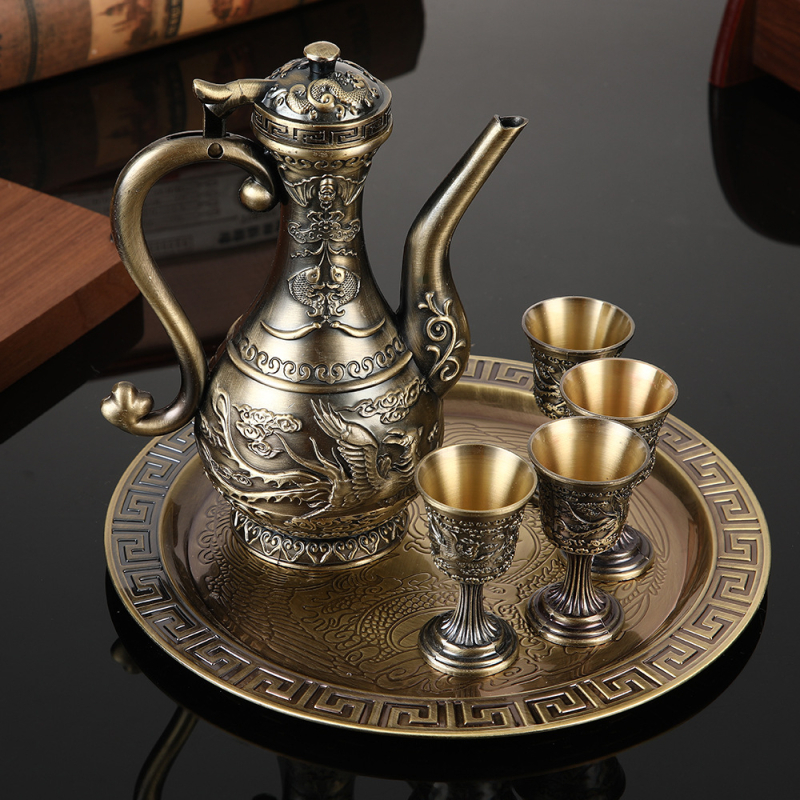 Set de bar în stil chinezesc Dragon și Phoenix, cu patru pahare și o carafă de vin – lux ușor retro pentru decorul casei