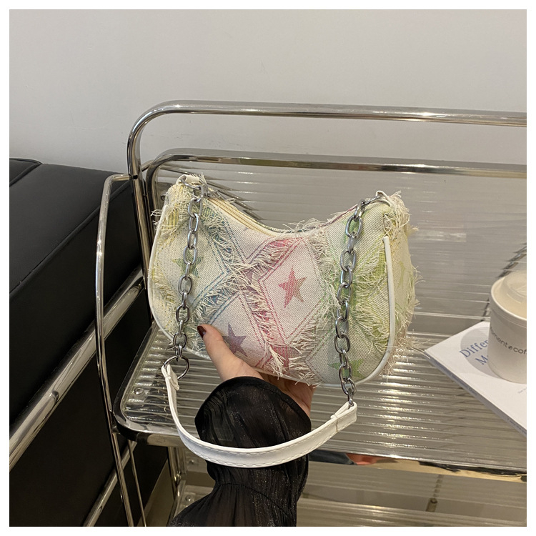Ženska torbica od denima s lancem, crossbody, kvadratnog oblika, s gradientom i zvjezdicama