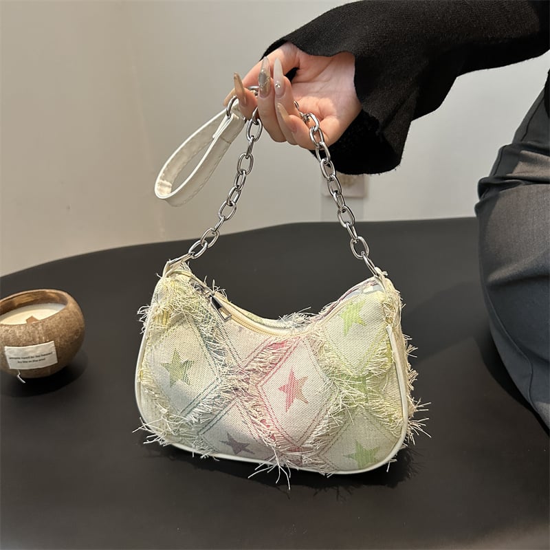 Ženska torbica od denima s lancem, crossbody, kvadratnog oblika, s gradientom i zvjezdicama