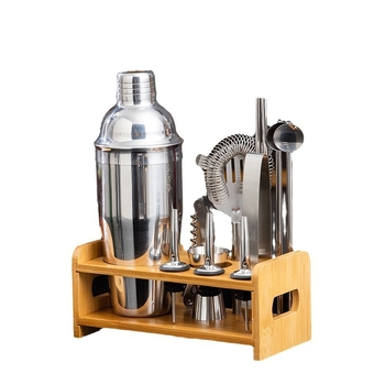 Set de 13 piese din oțel inoxidabil pentru cocktailuri, cu suport din lemn
